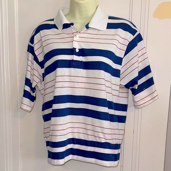 Vintage 70s/80s Hands Off Red, White & Blue Striped Polo Shirt/Ribbed Fitted Hem - Picture 1 of 8